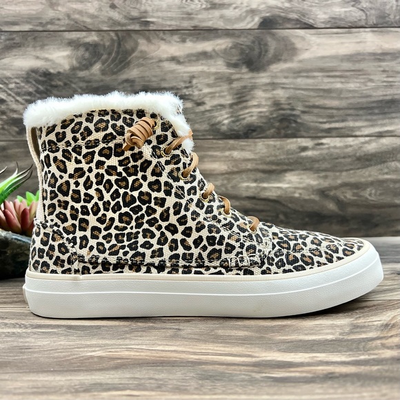 NIB Sperry Top Sider Crest Faux Fur High Top Sneaker Animal Print Tan 9M 40 - Picture 5 of 12